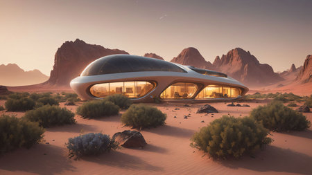 Landscape of a sci-fi futuristic cyberpunk house on the surface of planet Mars at dusk - Generative AI Illustrationの素材