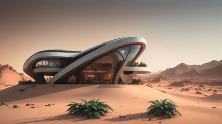 Landscape of a sci-fi futuristic cyberpunk house on the surface of planet Mars at dusk - Generative AI Illustrationの素材