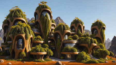 The Hive - Sci-fi futuristic brutalist architecture style building structure with cylindrical pattern and lush vegetation faÃ§ade - Generative AI Illustrationの素材