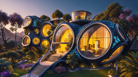 The Hive - Sci-fi futuristic brutalist architecture style building structure with rounded honeycomb pattern and lush vegetation faÃ§ade - Generative AI Illustrationの素材