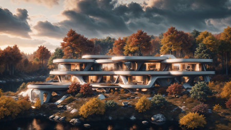 Landscape of a sci-fi futuristic cyberpunk house in the autumn colored forest by the lake at sunset - Generative AI Illustrationの素材