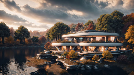 Landscape of a sci-fi futuristic cyberpunk house in the autumn colored forest by the lake at sunset - Generative AI Illustrationの素材