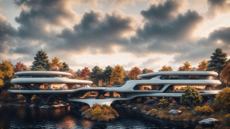 Landscape of a sci-fi futuristic cyberpunk house in the autumn colored forest by the lake at sunset - Generative AI Illustrationの素材