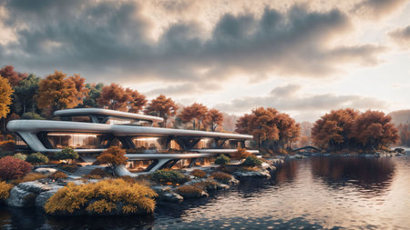 Landscape of a sci-fi futuristic cyberpunk house in the autumn colored forest by the lake at sunset - Generative AI Illustrationの素材