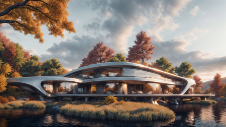 Landscape of a sci-fi futuristic cyberpunk house in the autumn colored forest by the lake at sunset - Generative AI Illustrationの素材