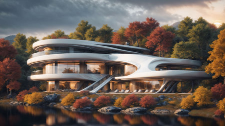 Landscape of a sci-fi futuristic cyberpunk house in the autumn colored forest by the lake at sunset - Generative AI Illustrationの素材