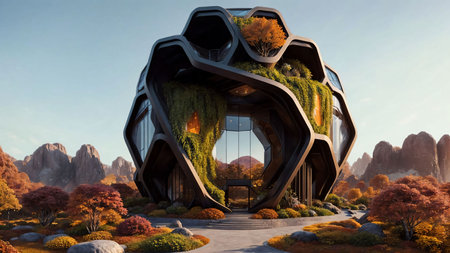 The Hive - Sci-fi futuristic brutalist architecture style building structure with hexagonal-pattern and lush vegetation faÃ§ade, in nature, during an autumn day  - Generative AI Illの素材