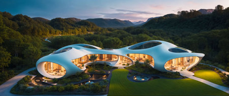 Landscape of a sci-fi futuristic architecture style village in nature, at dusk,  surrounded by lush deciduous vegetation - Generative AI Illustrationの素材
