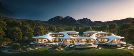 Landscape of a sci-fi futuristic architecture style village in nature, at dusk,  surrounded by lush deciduous vegetation - Generative AI Illustrationの素材