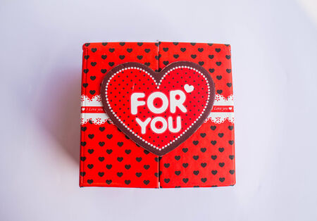 Red heart shaped gift boxの写真素材