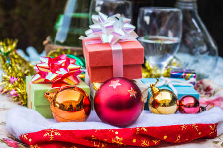 Red balls and gift boxes for the festival.の写真素材