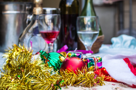 Balls of decorative and drink on tableの写真素材