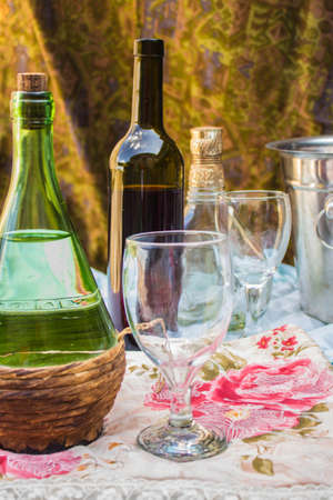 And a glass of wine at the table.の写真素材