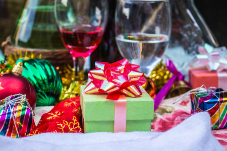 Green gift box on the table of festivalの写真素材