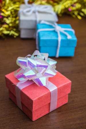 Colorful gift boxes arranged on a table.の写真素材