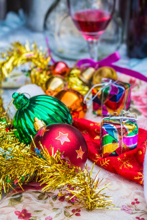 Balls and gifts on the  tableware.の写真素材
