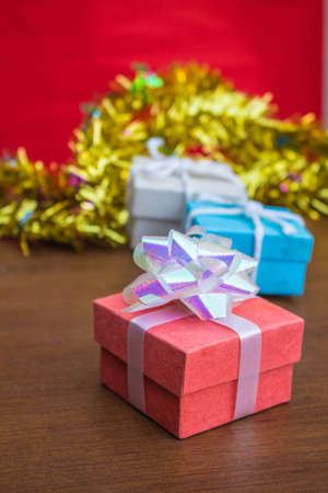 Colorful of gift boxes arranged on table.の写真素材