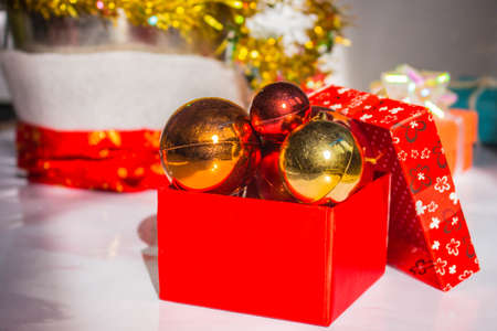 Balls in red gift boxの写真素材