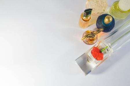 Flower perfume bottle lying on the floor.の写真素材