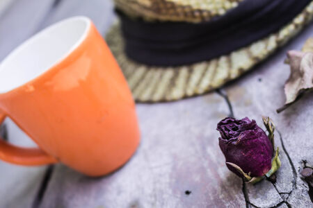Dried roses on a wooden floorの写真素材