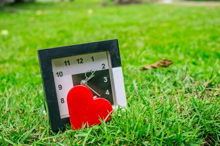 Red heart with the time on the green grass.