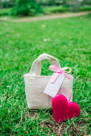 heart and a gift bag on the grass.の写真素材