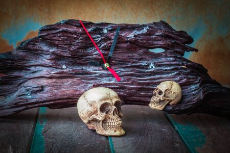 The skull and the clock on the old wooden floor.の写真素材