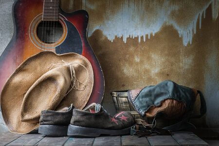 accessories for the trip on a wooden floor.の写真素材