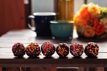 Chocolate ball placed on the dining table.の写真素材