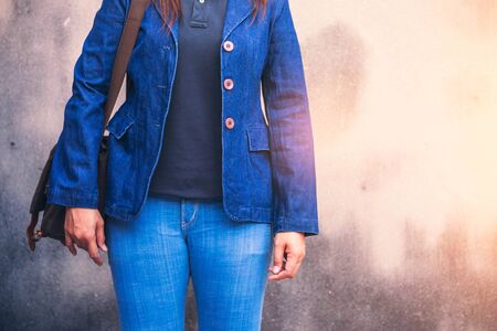 woman traveling with fashionable of jeans.の写真素材