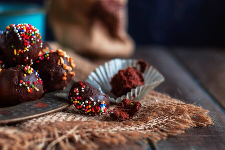 piece of chocolate on a padded table in a restaurant.の写真素材