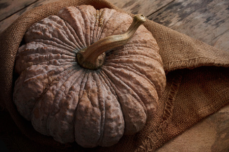 Pumpkin with sack on the old wooden floor.の写真素材