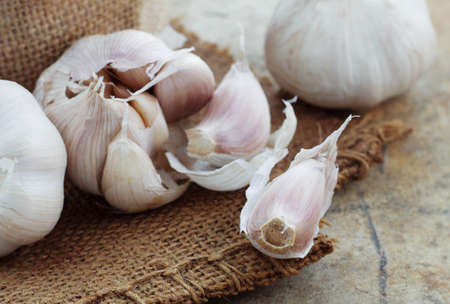 Dry garlic on sack of the old floor.の写真素材