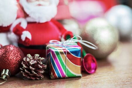 Christmas of gift boxes on wooden floor.の写真素材
