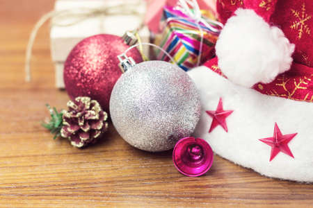 Balls and decorations on wooden floors.の写真素材