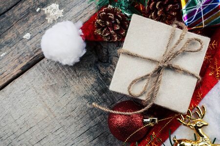 Gift box and decoration on wooden floor.の写真素材