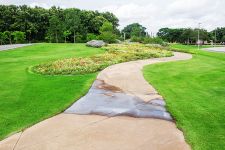 Paths and flowers on lawn in the park.の写真素材