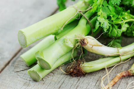Spring onion and kale on wooden floor.の写真素材
