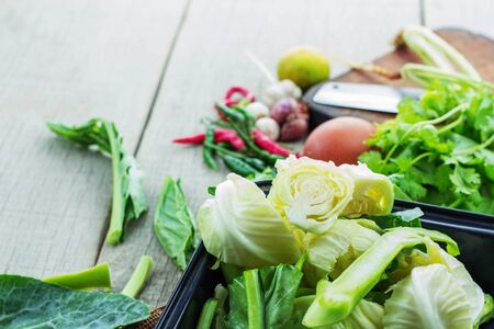 Cabbage and other vegetables in the tray for cooking.の写真素材