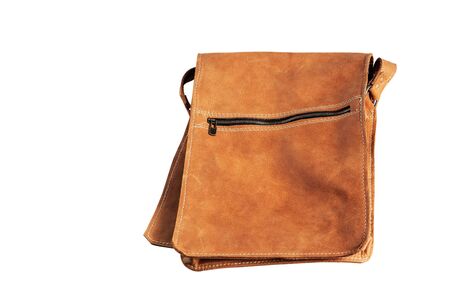 Brown leather bag on a white background.の写真素材