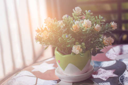 Flower vases decorate on table in the restaurant.の写真素材
