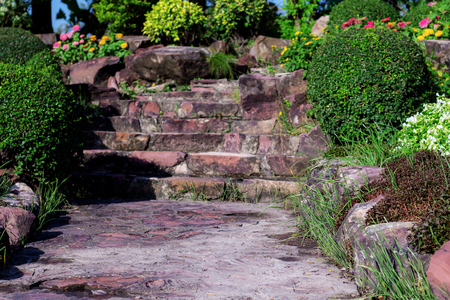 Footpath and stair in the garden with sunlight.の写真素材