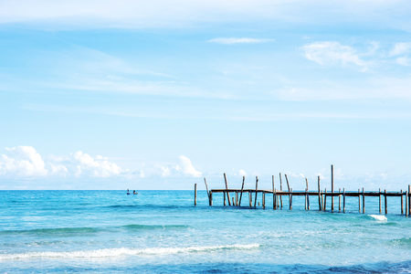 Wooden bridge on the sea with beautiful at sky.の写真素材