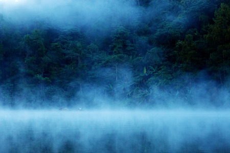 Pang oung reservoir with fog in the morning.の写真素材