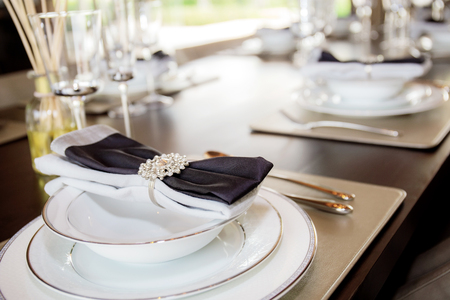 Dinnerware on wooden table at home.の写真素材
