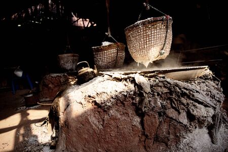 Salt baskets on ancient terracotta stoves in Thailandの写真素材