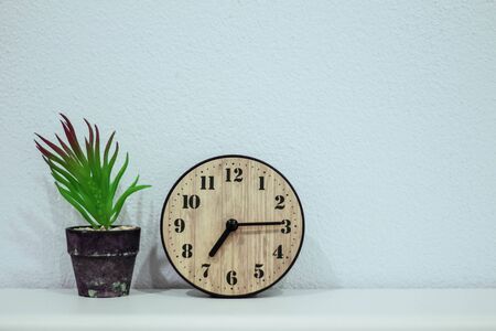 Alarm clock and tree pot with blue background.の写真素材
