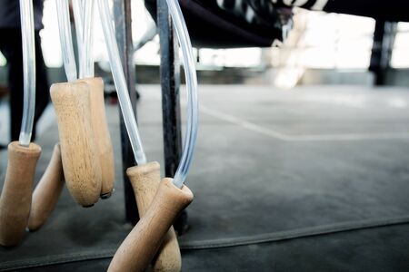 Jump rope hanging on the Thai boxing ring.の写真素材