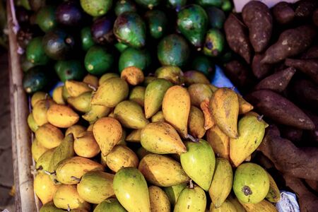 Colorful of fruits on wooden in countryside.の写真素材