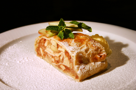 Apple strudel with vanilla ice-creamの写真素材